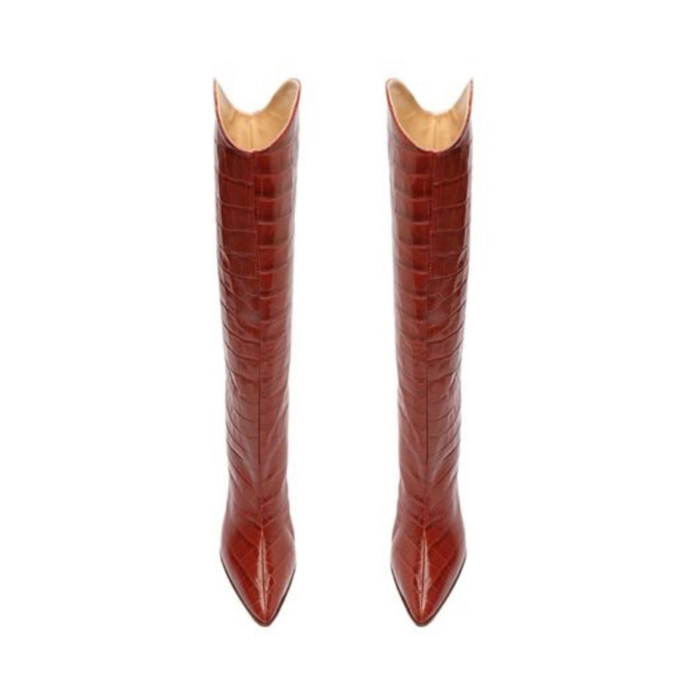 SCHUTZ Tall Croc-Embossed Pointed Toe Boots in Brown